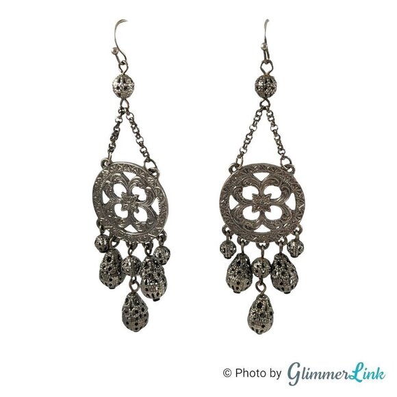Silver Tone Chandelier Filigree Beaded Floral Dangle Earrings - Picture 3 of 8